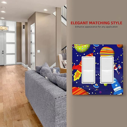 Space Astronaut Double Rocker Light Switch Wall Plate Cover Decorative 2-Gang for Outlet Boys Kids Room Bathroom Bedroom Home Kitchen Two Decora Receptacle Polycarbonate Power Gear 4.5" x 4.6"