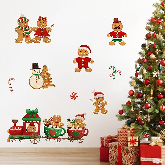 Yovkky Christmas Gingerbread Man Wall Decals Stickers, Xmas Snowman Santa Claus Winter Home Bedroom Decor, 2025 New Year Candy Cane Peppermint Cookie Kitchen Living Room Decorations Art Holiday Gift