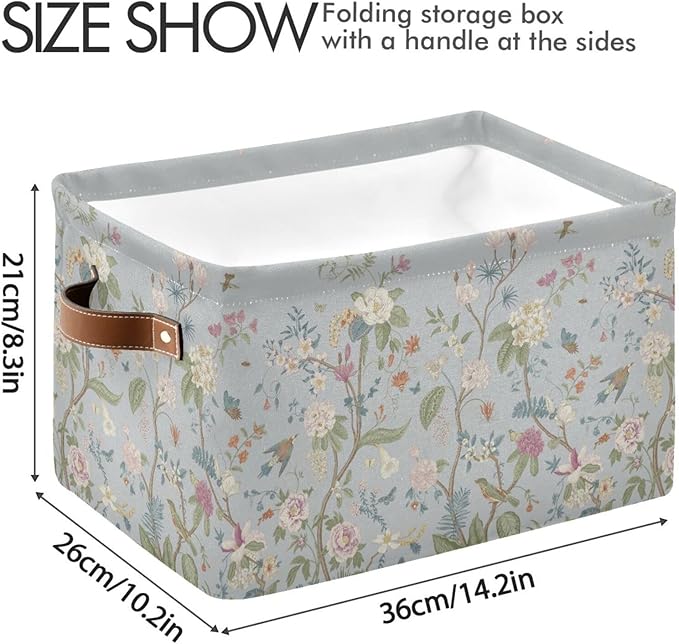 Vintage Floral Leaves Bloom Gray Storage Basket Fabric Kitchen Baskets Pastel Colors Spring Flowers Birds Open Home Storage Bins Boxes Foldable Organizer Bag for Toy Book Shelf 16×12×8 Inches