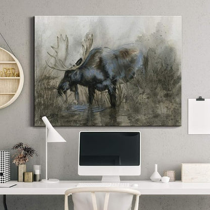 Renditions Gallery Canvas Animal Wall Art Home Paintings & Prints Scary Grazing Moose Abstract Black & White Horror Modern Artwork Decorations for Bedroom Office Kitchen - 32"x48" LT33