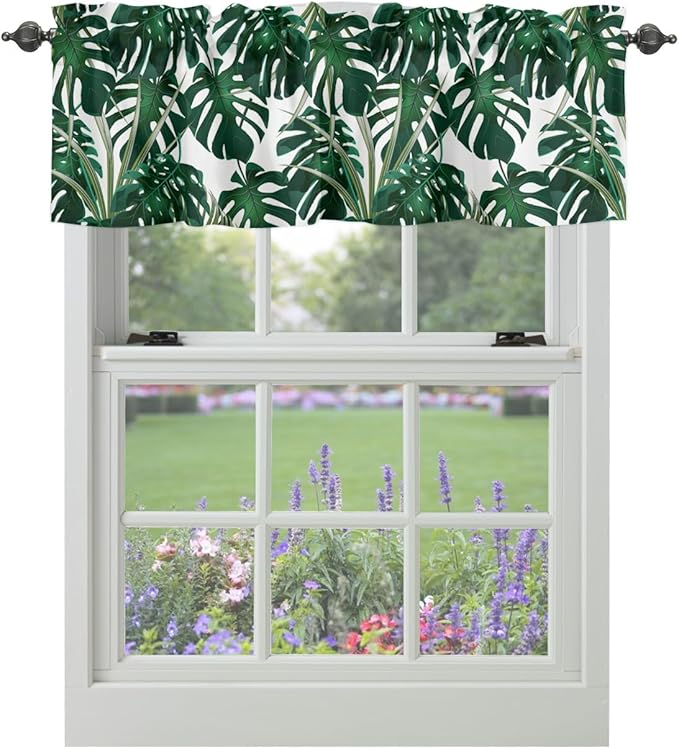 Vandarllin Summer Tropical Plant Kitchen Curtains Valances for Windows Green Monstera Leaves Rod Pocket Window Treatment for Kitchen/Living Room/Bedroom/Bathroom,42" X 12" -1 Panel,