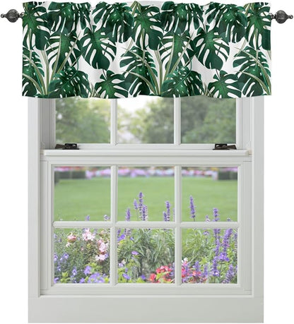 Vandarllin Summer Tropical Plant Kitchen Curtains Valances for Windows Green Monstera Leaves Rod Pocket Window Treatment for Kitchen/Living Room/Bedroom/Bathroom,42" X 18" -1 Panel,