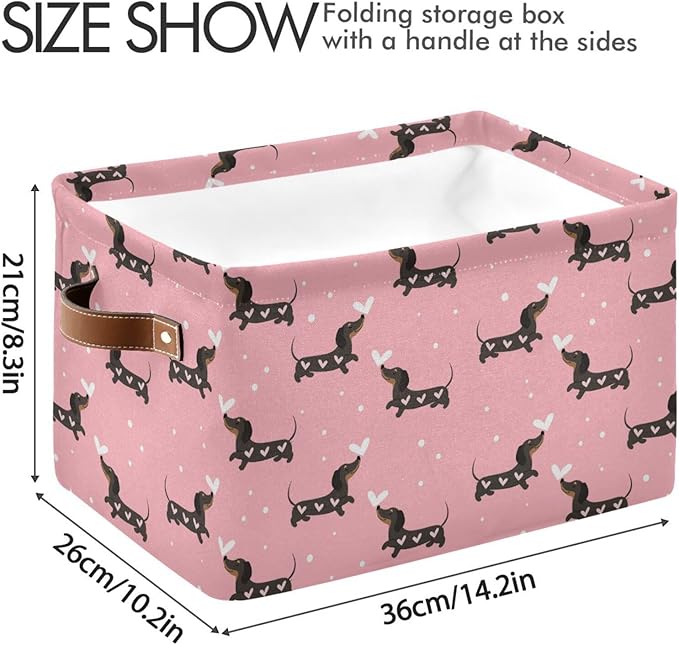 Wamika Pink Love Dachshund Dog Storage Basket Fabric Kitchen Baskets Cute Puppy Open Home Storage Bins Boxes Foldable Organizer Bag for Baby Cloth Pet Toy Book Shelf Closet Baskets 16×12×8 Inches