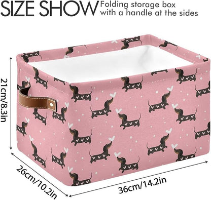 Wamika Pink Love Dachshund Dog Storage Basket Fabric Kitchen Baskets Cute Puppy Open Home Storage Bins Boxes Foldable Organizer Bag for Baby Cloth Pet Toy Book Shelf Closet Baskets 16×12×8 Inches