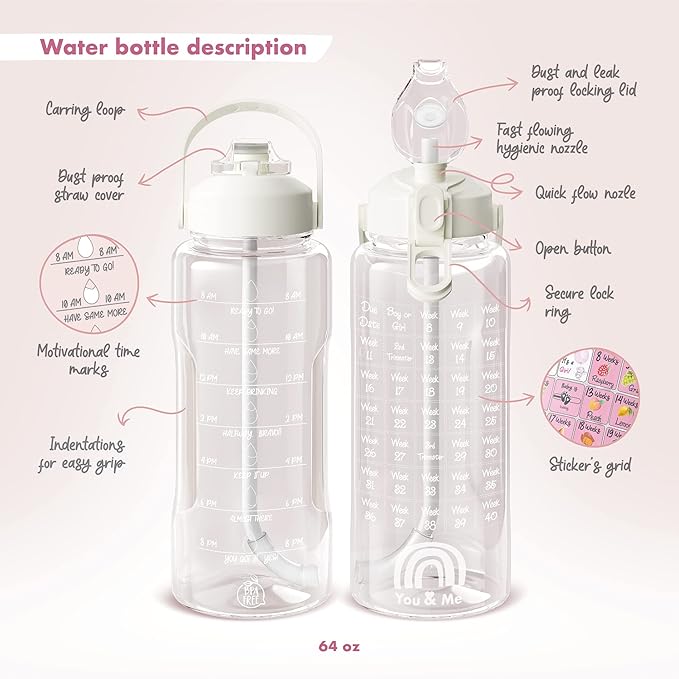 You & Me Pregnancy Water Bottle – 64oz Hydration Tracker with Milestone Stickers, Covered Straw Lid – Essential Gifts for Expecting Moms, BPA-Free, Includes Storage Sleeve