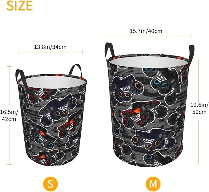 Monster Truck Boys Style Round Laundry Hamper Storage Basket Toys Clothes Organizer Bin For Home Bathroom Bedroom Dorm Nursery, 62l