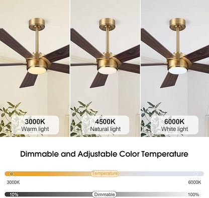 54" Ceiling Fan with Light and Remote Control, Modern Dimmable LED Light, 6-Speed Noiseless Reversible DC Motor, 5 Plywood Ceiling Fan for Kitchen Bedroom Living Room NAB Gold/Walnut