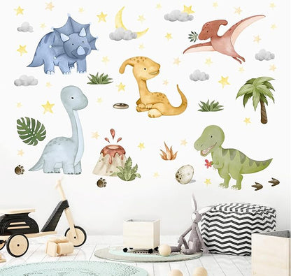 Yovkky Watercolor Baby Dinosaur Wall Decals Stickers, Dino Volcano Tropical Leaf Palm Tree Baby Boy Girl Room Nursery Decor, Cloud Moon Star Neutral Home Decorations Kid Bedroom Playroom Art