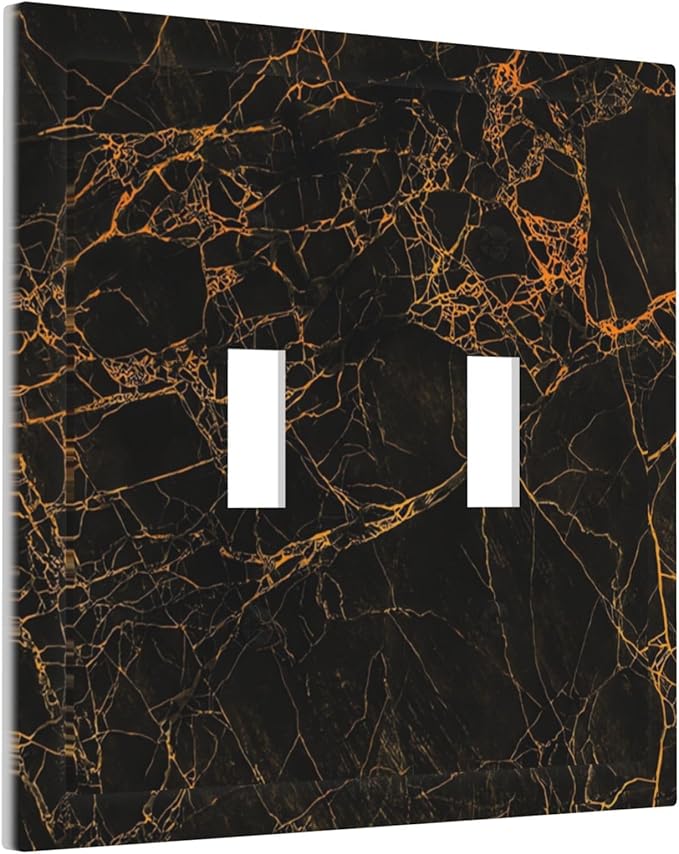 Abstract Golden Marble Texture Double Toggle Light Switch Covers 2 Gang Wall Plate Dual Decorative Switchplate Electrical Faceplate for Bathroom Country Kitchen Bedroom Decor, 4.9" x 5"