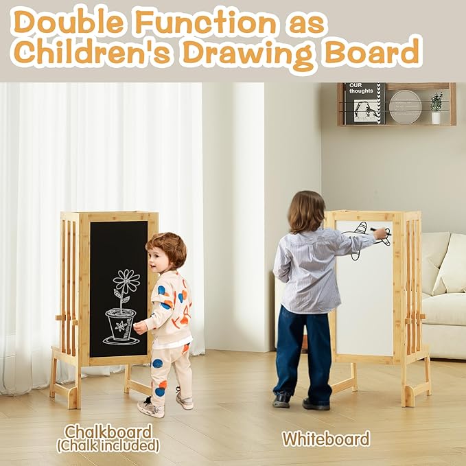 3 in 1 Kids Kitchen Step Stool with Chalkboard & Whiteboard, Toddler Kitchen Stool Helper Adjustable Standing Tower for Toddlers 18 Months and Older, Safety Anti-Slip Protection, Natural