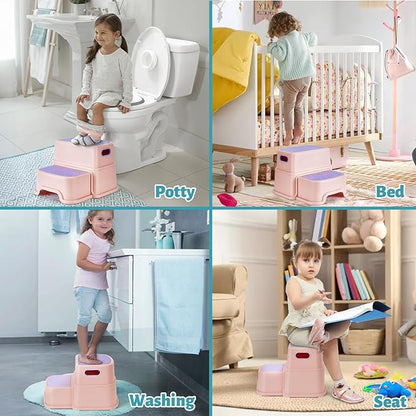 2 Step Stool for Kids, Anti-Slip Toddler Toilet Potty Training Stool with Handles, Two Step Stool for Bathroom, Kitchen, Bedroom, Living Room(Pink)