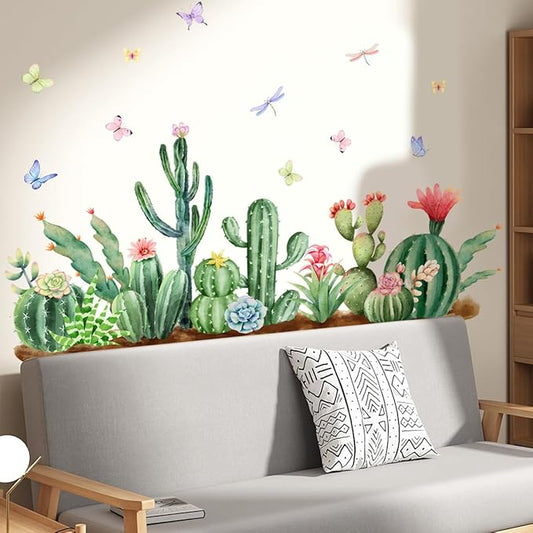 Vibrant Cactus & Butterfly Wall Stickers - 30x90cm Vinyl Decor for Home, Office, Nursery