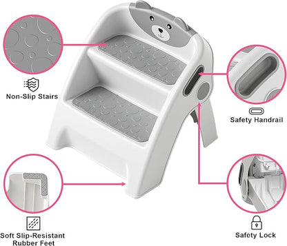 UNCLE WU Step Stool for Kids, Foldable Anti-Slip 2-Step, Lightweight, Safety Handles - Toilet Potty Training, Toddler Ladder Bathroom Sink,Kitchen Counter Stool Helper (Gray White) Small