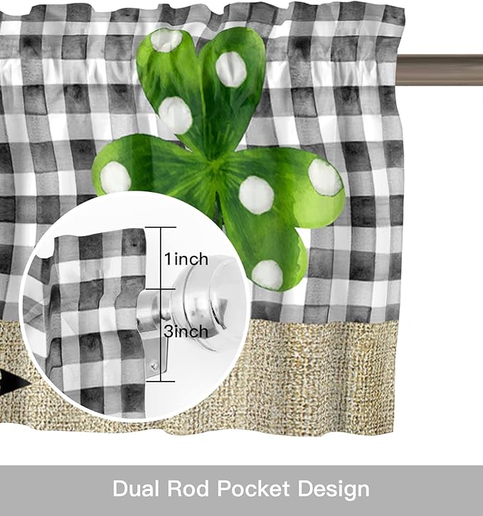 Vandarllin St. Patrick's Day Lucky Clover Shamrocks Valances Kitchen Curtains for Windows, Farmhouse Buffalo Plaid Rod Pocket Valances Short Curtains for Bedroom/Living Room,54" X 18" -1 Panel