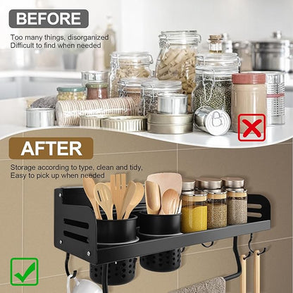 Spice Rack Organizer Wall Mount, Seasoning Rack with Hook,Space Aluminum Space Saver Racks for Kitchen, Cabinet, No Punching Required Kitchen Wall Storage Organizer, Multifunctional Home Storage Rack