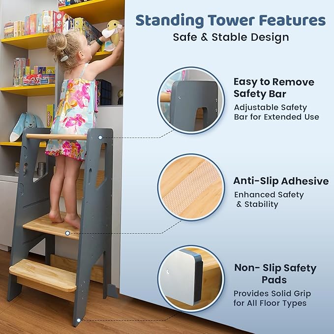 Toddler Standing Tower | Height Adjustable Step Stool for Kitchen Learning & Counter Help | Anti-Slip Baby Stand with Safety Rail & Feet | Montessori Learning Tower for Kids (Grey)