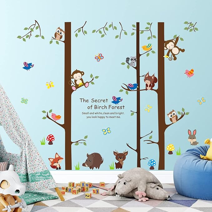 Cartoon Birch Trunks and Animals Wall Decals Forest Tree Wall Sticker DIY Peel and Stick Owls Monkey Birds Decal for Living Room Kitchen Playroom Nursery Kids Bedroom Classroom Home Decoration (C)