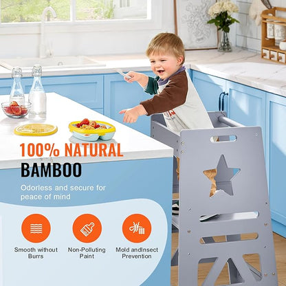 VEVOR Tower Step Stool, 3-Level Height Adjustable Toddler Step Stools for Kids, Kitchen Stool Helper, Bamboo Standing Tower Learning Stool with Safety Rail for Kitchen Counter Bathroom, 350LBS, Gray