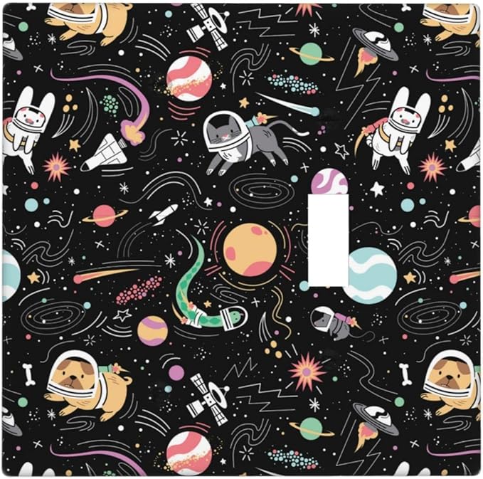 Space Cute Cat Dog Decorative Combo 1 Blank Single Toggle Light Switch Cover Wall Plate 2 Gang One for Electrical Outlets Kitchen Kids Boys Room Bedroom Bathroom Home Novelty Decorate