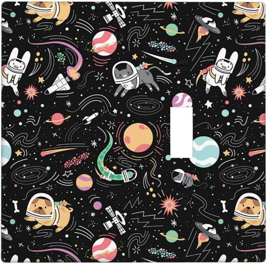 Space Cute Cat Dog Decorative Combo 1 Blank Single Toggle Light Switch Cover Wall Plate 2 Gang One for Electrical Outlets Kitchen Kids Boys Room Bedroom Bathroom Home Novelty Decorate