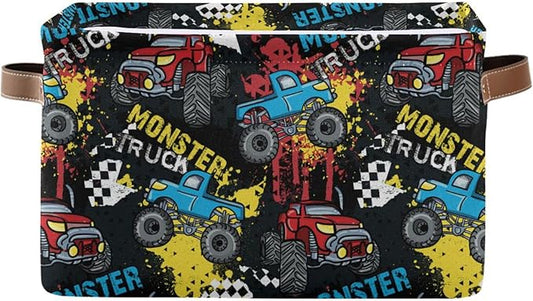 Monster Truck Black Red Blue Storage Basket Fabric Toy Baskets Racing Cars Boys Open Home Storage Bins Boxes Foldable Organizer Bag for Toy Book Shelf Closet Baskets 16×12×8 Inches