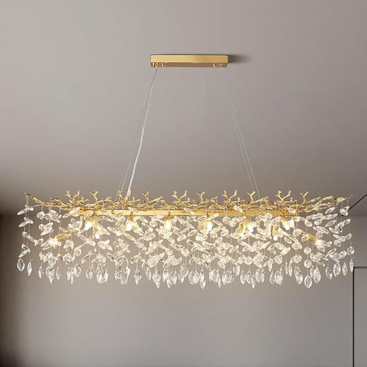 YUYI Modern Crystal Chandelier, 47.2" Gold Tree Branch Chandelier for Dining Room, Luxury Rectangular Chandeliers Ceiling Hanging Pendant Light Fixture for Living Room, Kitchen Island, 5 Year Warranty