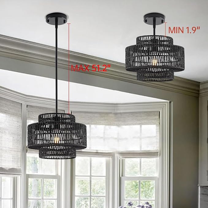 12.4” Black Boho Rattan Chandelier Light Fixture, 1-Light Hand Woven Pendant Light Fixture Farmhouse Rustic Hanging Lamp for Kitchen Island Bedroom, Dining Room, Living Room, Entryway, Foyer