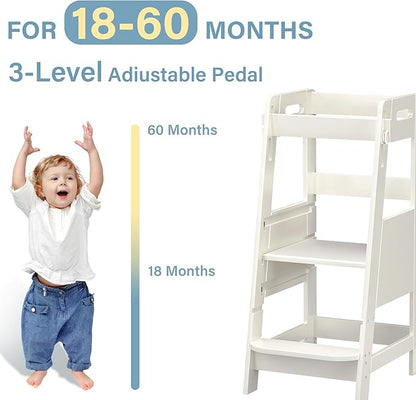 TOETOL Bamboo Toddler Learning Step Stool 3 Height Adjustable Kitchen Counter Standing and Bathroom Sink Tower Helper Stool for Kids with Anti-Slip Protection(Ivory White)