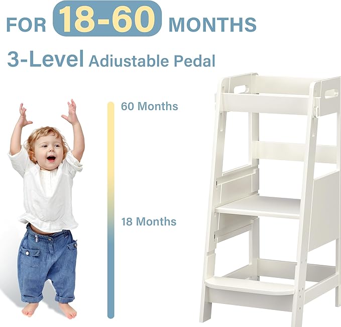 TOETOL Bamboo Toddler Learning Step Stool 3 Height Adjustable Kitchen Counter Standing and Bathroom Sink Tower Helper Stool for Kids with Anti-Slip Protection(Ivory White)