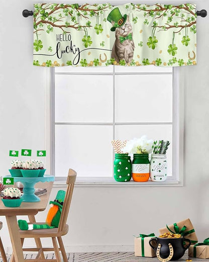 Vandarllin Lucky Cat St. Patrick's Day Kitchen Curtains Valances for Windows Green Spring Shamrocks Tree Rod Pocket Window Treatment for Kitchen/Living Room/Bedroom/Bathroom, 42" X 18",