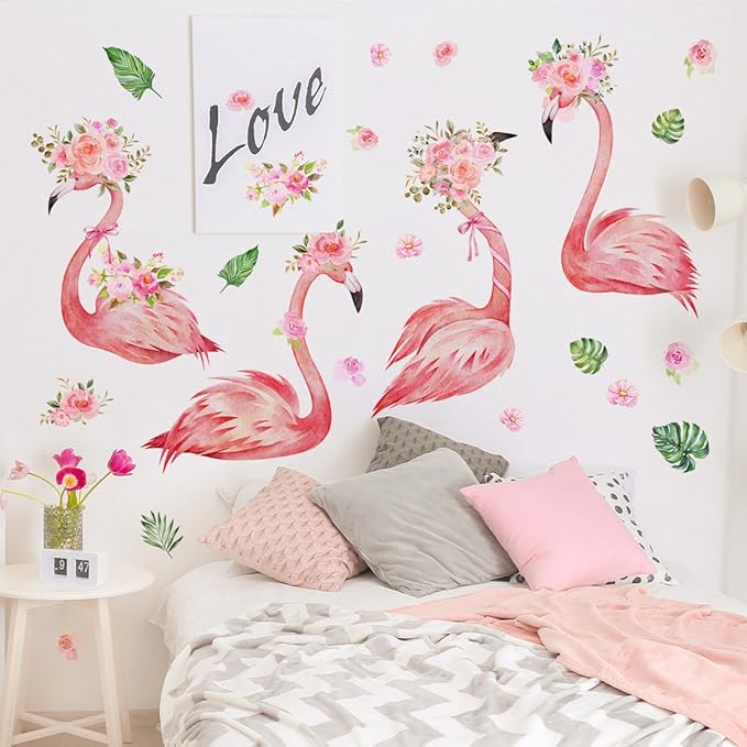 Pink Flamingo Wall Decals - Stylish Bird and Flower Stickers for Home Decor