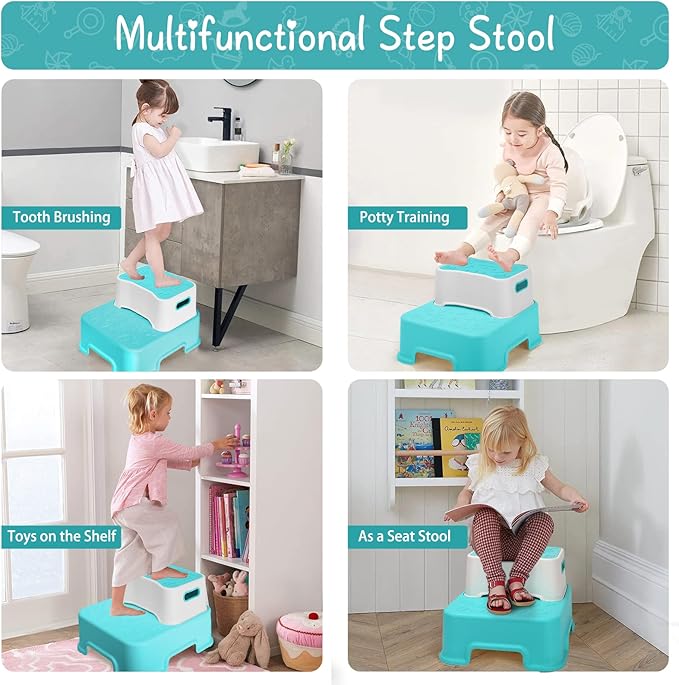 2 Step Stool for Kids and Toddler,Anti-Slip Sturdy Bathroom Toilet Step Stools,Double up Step Stool with Soft Grips,for Potty Training,Sink,Kitchen(Blue)