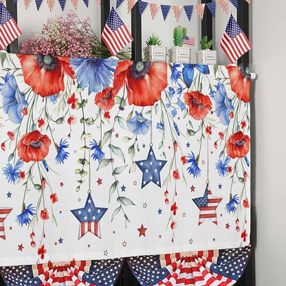 Vandarllin Summer 4th of July Kitchen Curtains Valances for Windows Patriotic Poppy Flowers Stars Rod Pocket Window Treatment for Kitchen/Living Room/Bedroom/Bathroom, 60" X 18", Blue Red