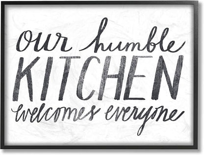 Stupell Industries Minimal Our Humble Kitchen Phrase Distressed Text, Design by Katie Doucette Black Framed Wall Art, 11 x 14, White