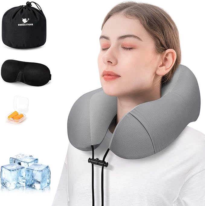 Travel Pillow for Airplane Memory Foam Neck Pillow, Soft & Support Travel Pillow for Travelling with Eye Mask, Earplugs and Storage Bag, Sleeping Rest, Car, Train and Home Use Cooling, Grey