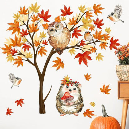 Mfault Fall Maple Tree Woodland Animal Wall Decals Stickers, Autumn Raccoon Hedgehog Squirrel Owl Bird Decorations Bedroom Art, Thanksgiving Pumpkin Seasonal Home Kitchen Decor