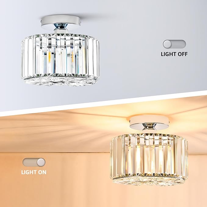 VONLUCE Semi Flush Mount Ceiling Light, Crystal Hallway Light Modern Ceiling Light Fixture, Nickel Flush Mount Chandelier for Kitchen Bedroom Living Room Entryway