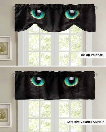 Tie Up Valance for Kitchen Living Room Farmhouse - Black Cat with Teal Eyes Rod Pocket Adjustable Tie-up Shade Valance for Small Window, Window Valance Balloon Drape for Bathroom 54x18 inches