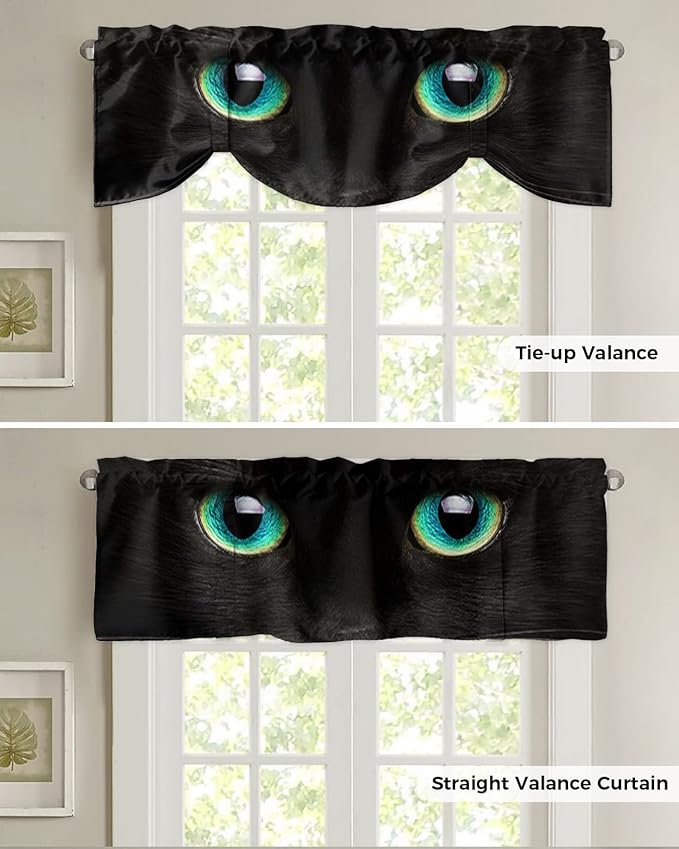 Tie Up Valance for Kitchen Living Room Farmhouse - Black Cat with Teal Eyes Rod Pocket Adjustable Tie-up Shade Valance for Small Window, Window Valance Balloon Drape for Bathroom 42x18 inches