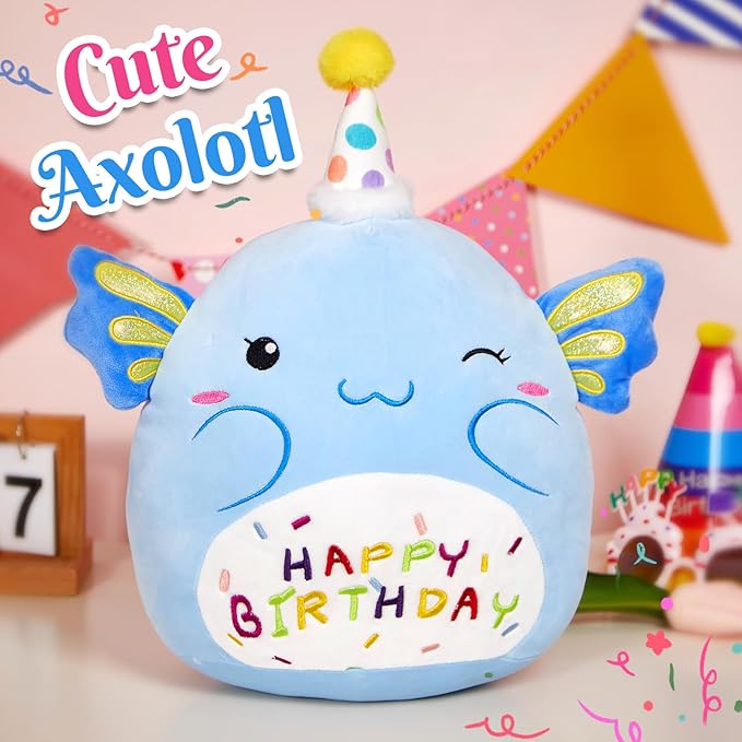 14“ Birthday Axolotl Plush Pillow,Blue Axolotl Stuffed Animal Soft Axolotl Plush Toy,Cute Plushie Doll Gifts for Kids & Birthday Party Decor