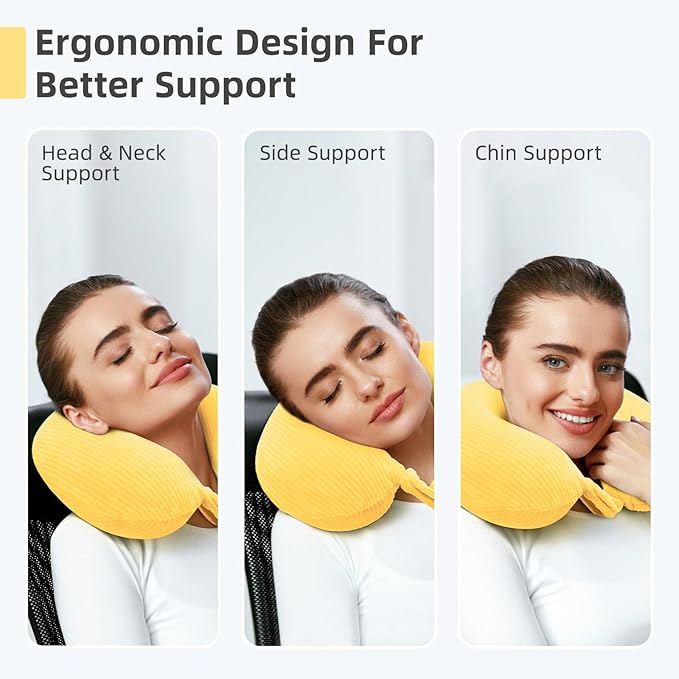 Travel Pillow, Neck Pillow Airplane Memory Foam with Sleep Mask Earplugs, Soft & Support Fleece Airplane Pillow for Travelling Plane Car Train Home Use, Yellow