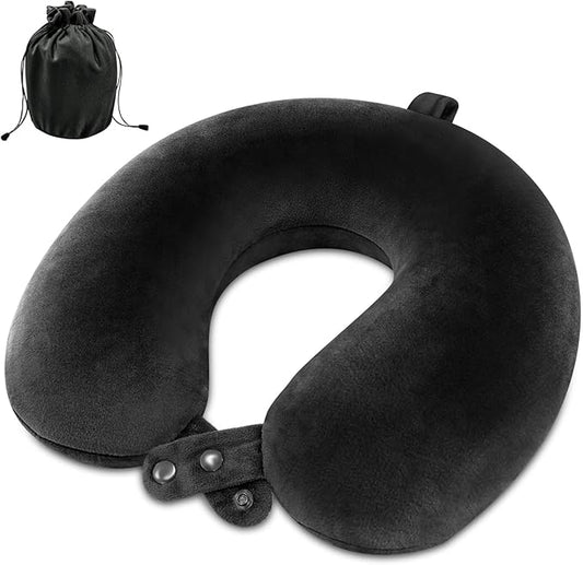 Travel Neck Pillow Airplane, Soft Memory Foam Support Head Neck Chin, with Removale Cover and Adjustable Snap Button, Comfortable Sleeping in Plane Car Train Traveling Office Home, Black