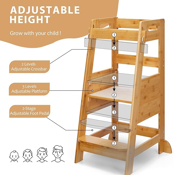 TOETOL Bamboo Toddler Step Stool Kids Kitchen Counter Learning Stool Standing Helper Tower 3 Height Adjustable Bathroom Sink with Safety Rail,Natural