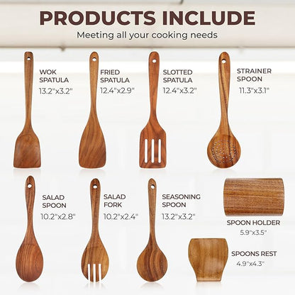 9 Pcs Wooden Kitchen Utensil Set, Wooden Spoons for Cooking, Wooden Cooking Spoons with Nonstick Spatula Set, Teak Wooden Utensil Set With Holder & Spoon Rest