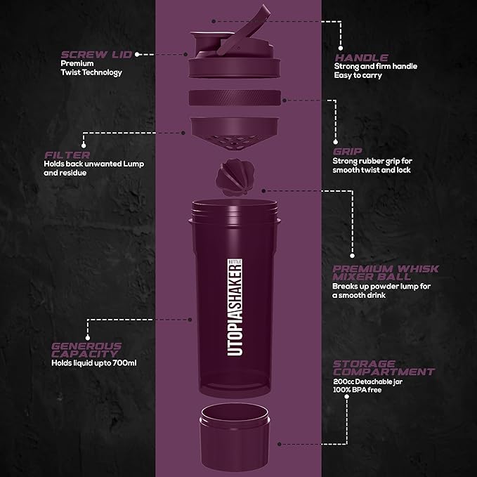 Utopia Home Shaker Bottle 2 Pack - 24 Ounce Plastic Protein or Cocktail Shaker Bottle for Pre & Post workout with Twist & Lock Protein Box Storage (All Plum & Clear/Plum)