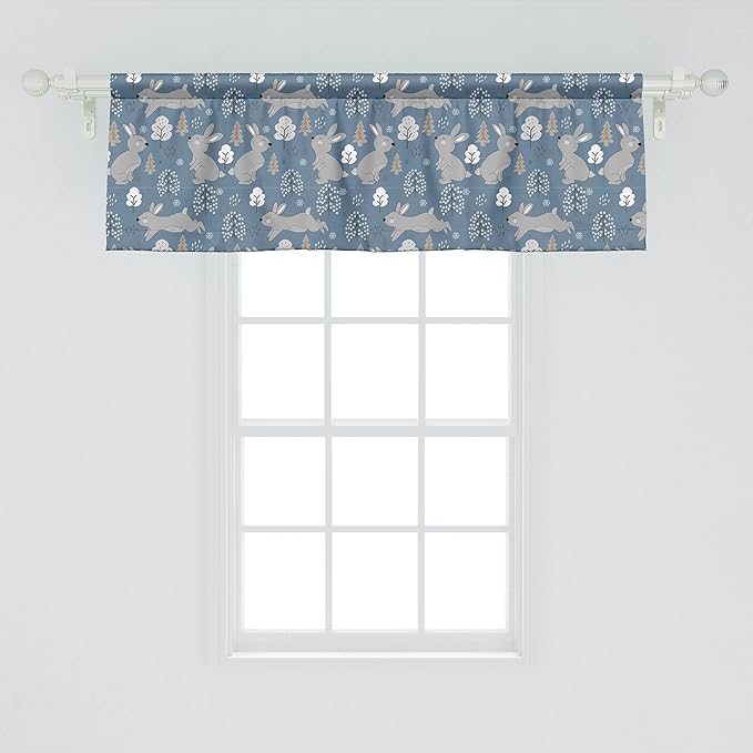 Ambesonne Bunny Window Valance, Continuous Pattern Trees and Rabbits Snowflakes, Curtain Valance for Kitchen Bedroom Decor with Rod Pocket, 42" x 18", Blue Grey Pale Taupe