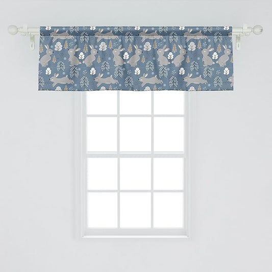 Ambesonne Bunny Window Valance, Continuous Pattern Trees and Rabbits Snowflakes, Curtain Valance for Kitchen Bedroom Decor with Rod Pocket, 42" x 18", Blue Grey Pale Taupe