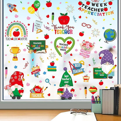 Teacher Appreciation Week Window Clings Stickers Best Teacher Double-Sided Window Decals Decoration Pencil Apple Design for Toddlers Adults Classroom Home Nursery Airplane Birthday Party Supplies