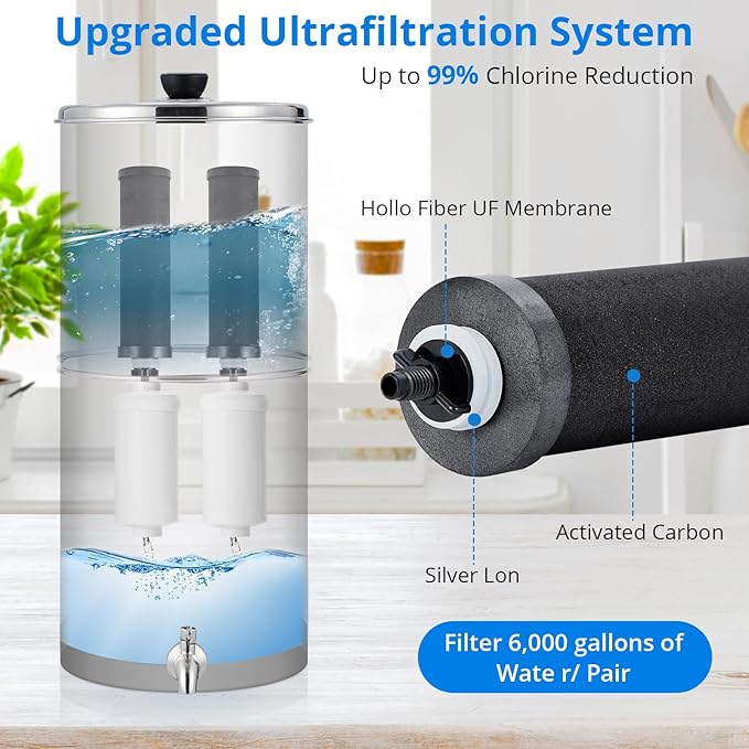 Stainless Steel Gravity Fed Water Filter System, 2.25G Capacity, Includes 2 Filters and Stand, Ideal for Home, Camping, RV, Fishing, Reduces 99% Chlorine