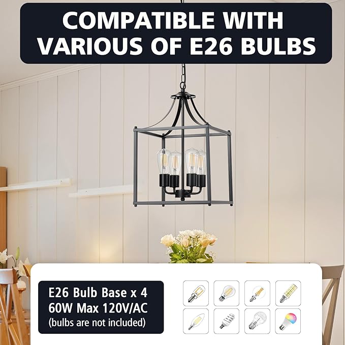 4-Light Black Chandelier Light Fixture, Modern Farmhouse Pendant Lights Kitchen Island, Industrial Iron Lantern Cage Chandelier Ceiling Hanging Lights for Kitchen Dining Room Entryway, E26 Socket